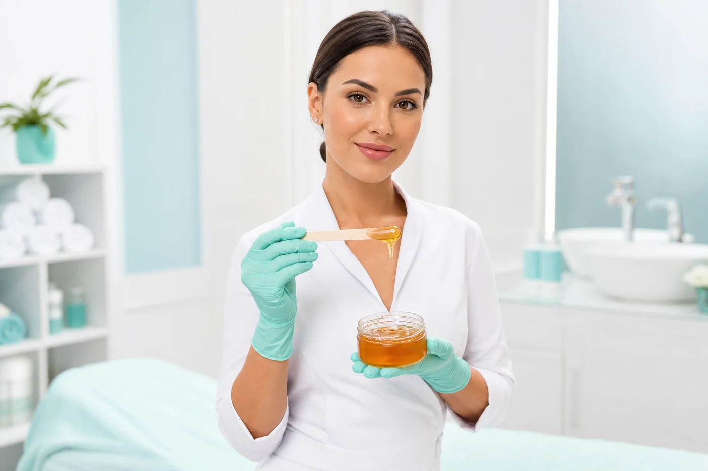 Esthetician with Tiffany gloves holding sugar wax jar and spatula