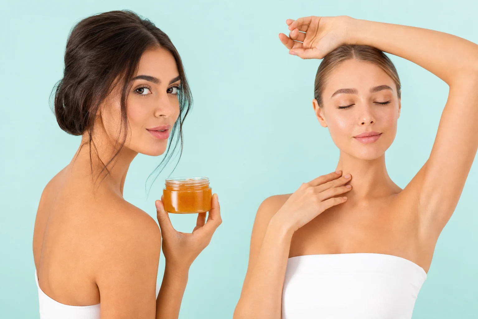 Two women with sugar wax jar on a Tiffany background