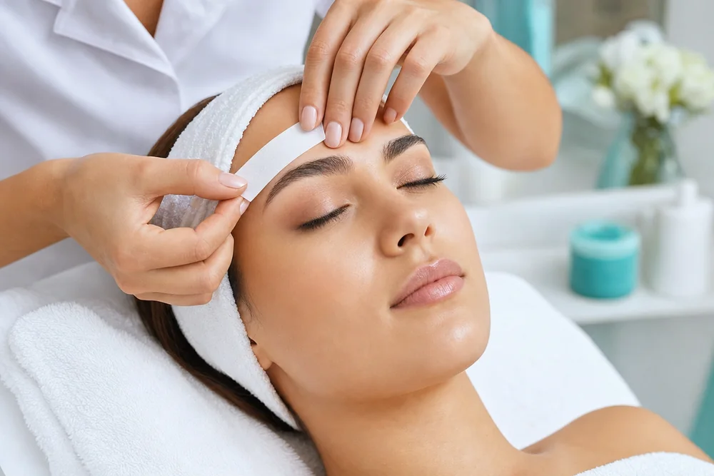 Facial waxing with a professional wax strip